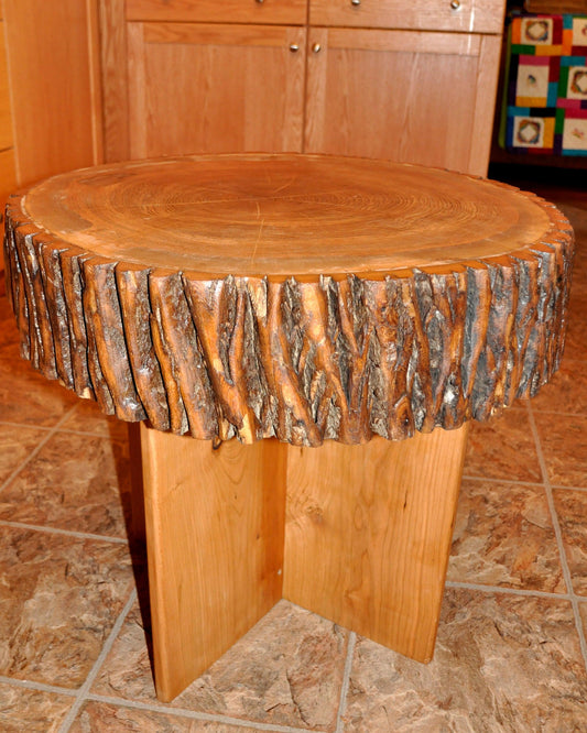 Live Edge Ash Coffee Table ,5 " thick, with extensive bark, and live edge cherry legs, finished with an eco friendly hard wax oil. - Live Edged Woodcraft